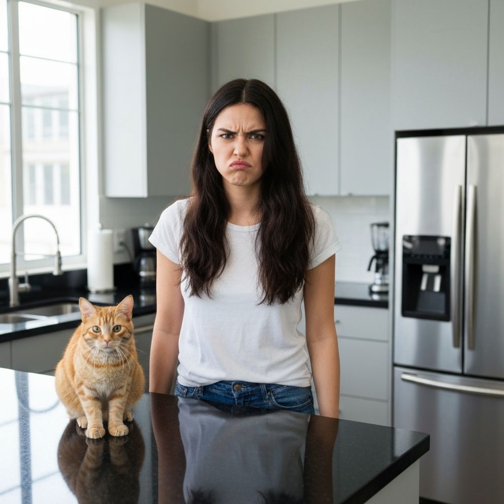 Frustrated cat owner with cat on kitchen counter